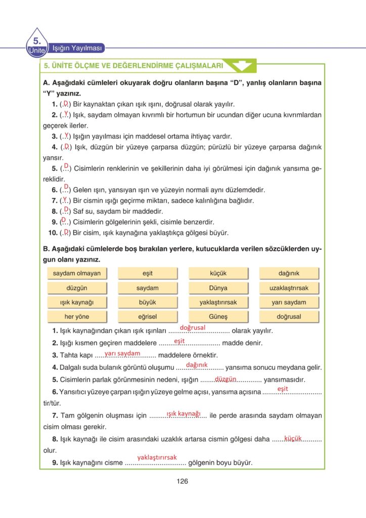 5. Sınıf Fen Bilimleri Ders Kitabı Cevapları SDR Dikey Yayıncılık