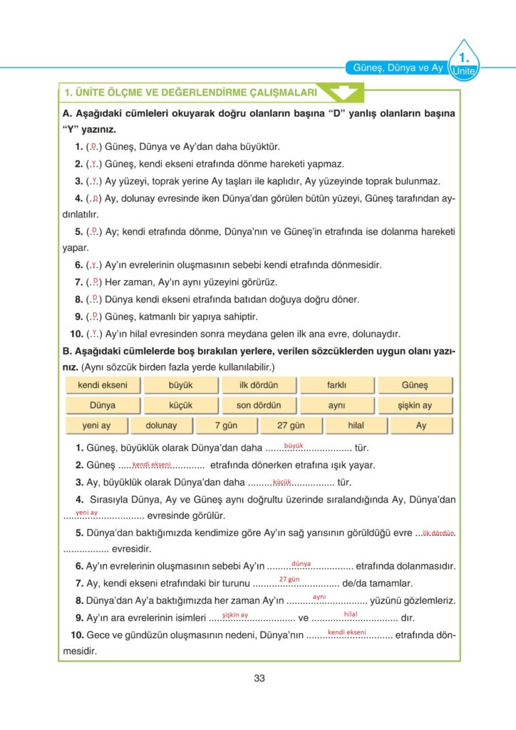5. Sınıf Fen Bilimleri Ders Kitabı Cevapları SDR Dikey Yayıncılık Sayfa 33
