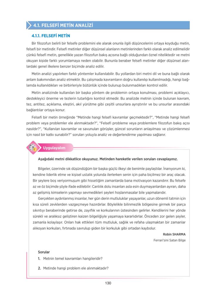 10.sınıf felsefe ders kitabı sayfa 130 cevabı tuna yayınları