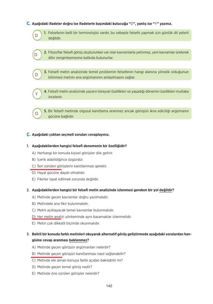 10.sınıf felsefe ders kitabı sayfa 142 cevabı tuna yayınları 