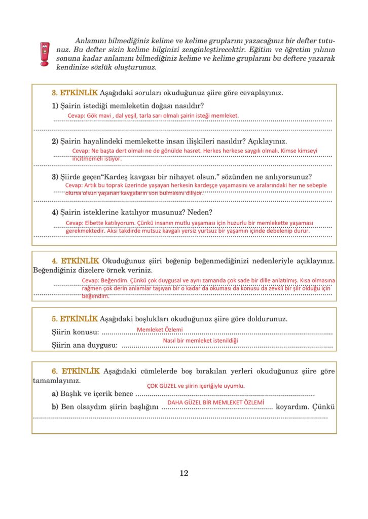 5.sınıf türkçe kitabı sayfa 12 cevapları anıttepe yayıncılık
