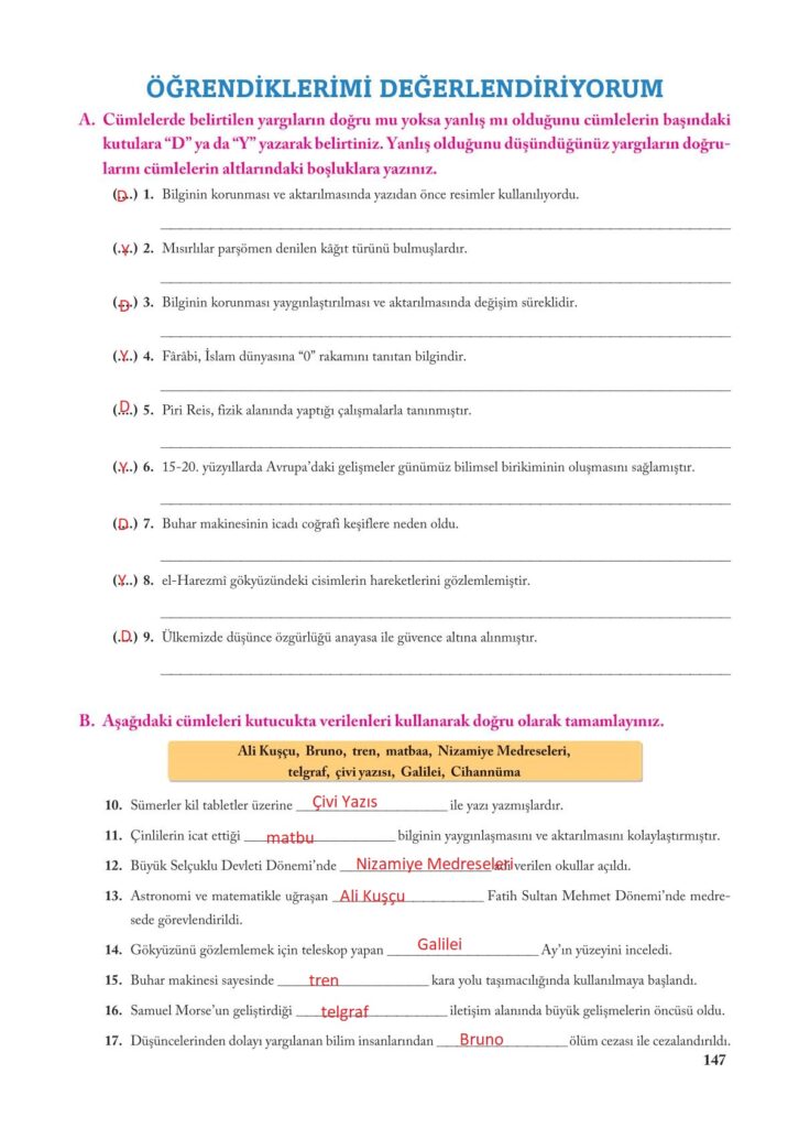 7.sınıf sosyal bilgiler ekoyay yayınları sayfa 147 cevabı 
