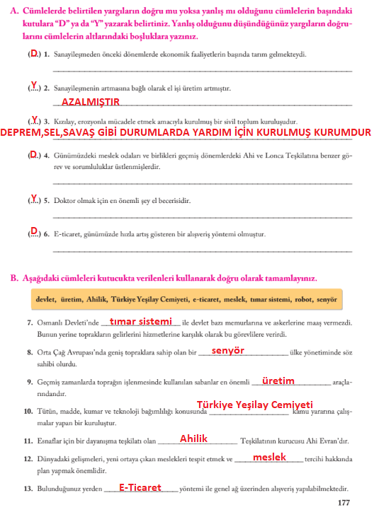 7.sınıf sosyal bilgiler ekoyay yayınları sayfa 177 cevabı