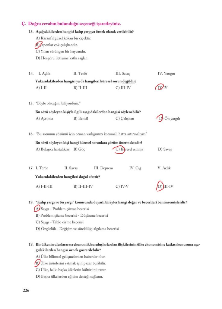 7.sınıf sosyal bilgiler ekoyay yayınları sayfa 226 cevabı