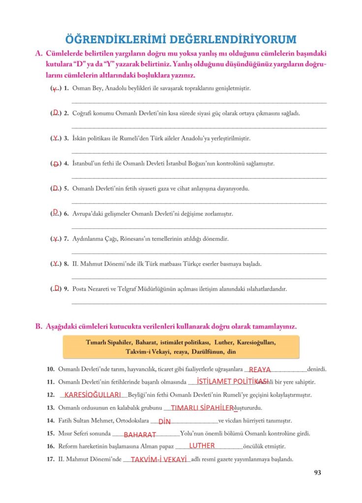 7.sınıf sosyal bilgiler ekoyay yayınları sayfa 93 cevabı 