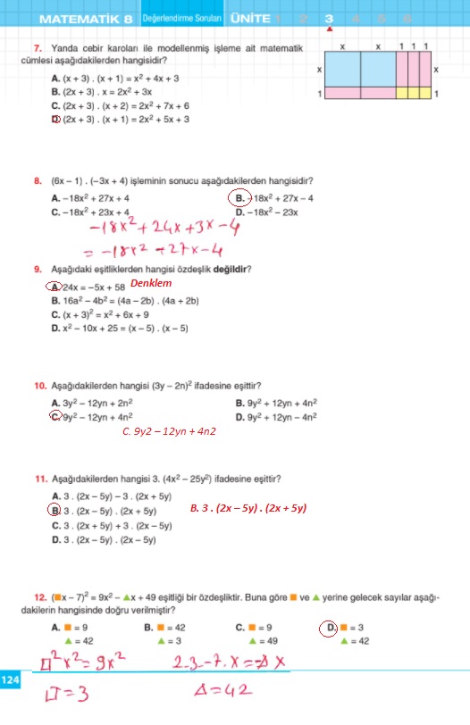 8.sınıf matematik koza yayınları sayfa 124 cevabı 