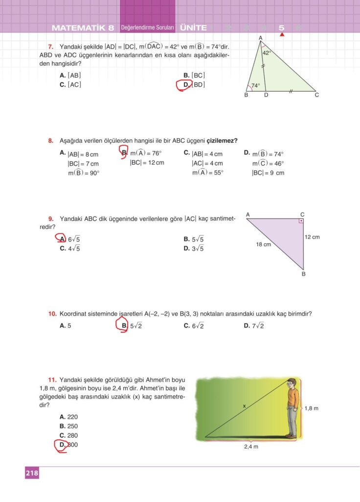 8.sınıf matematik koza yayınları sayfa 218 cevabı 