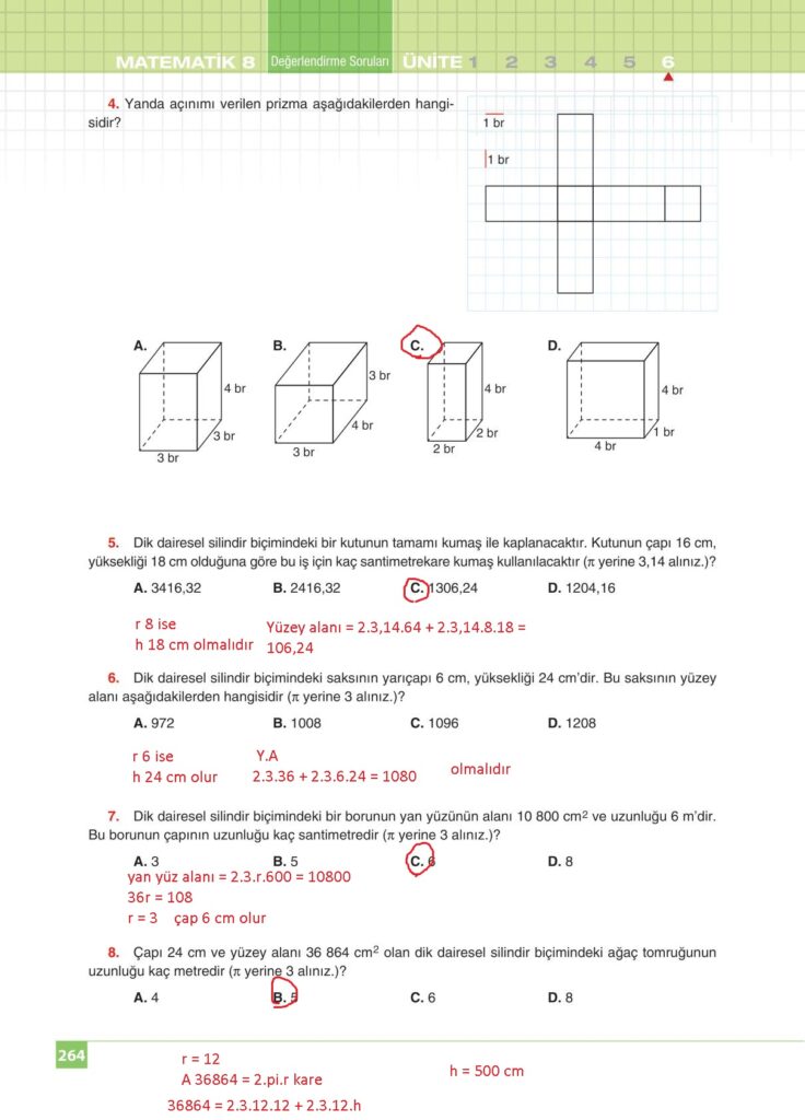  8.sınıf matematik koza yayınları sayfa 264 cevabı 