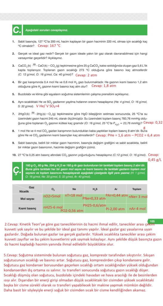 11. sınıf kimya ders kitabı sayfa 105 cevabı e-kare yayınları