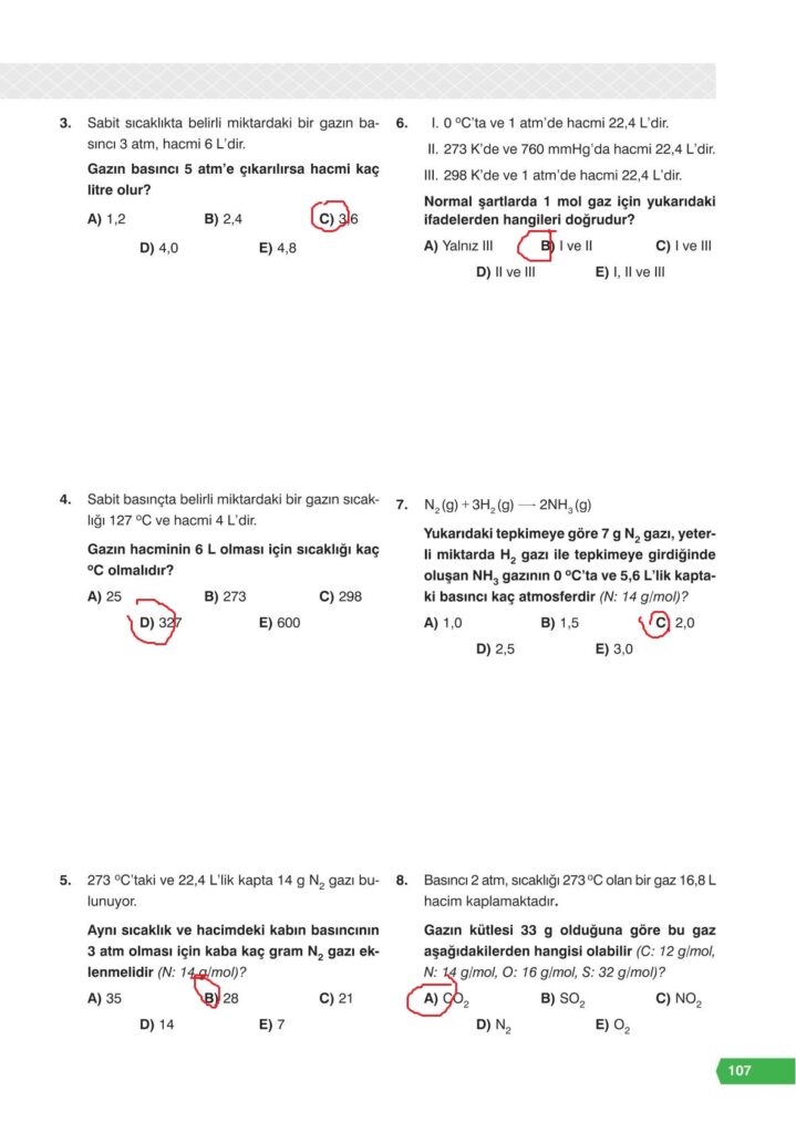 11. sınıf kimya ders kitabı sayfa 107 cevabı e-kare yayınları