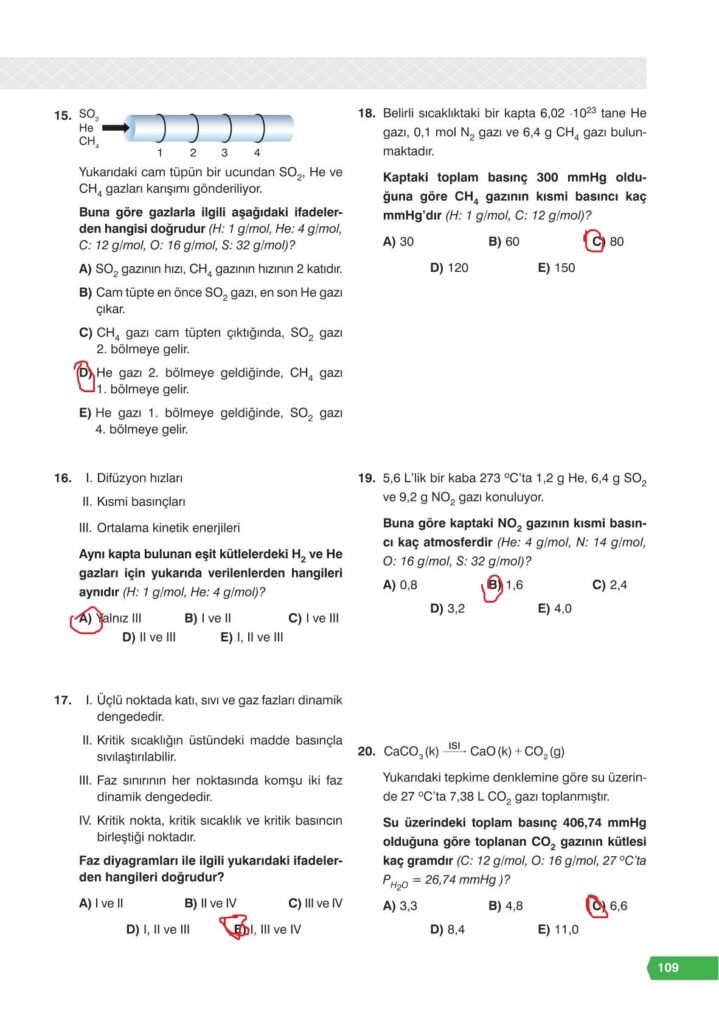 11. sınıf kimya ders kitabı sayfa 109 cevabı e-kare yayınları
