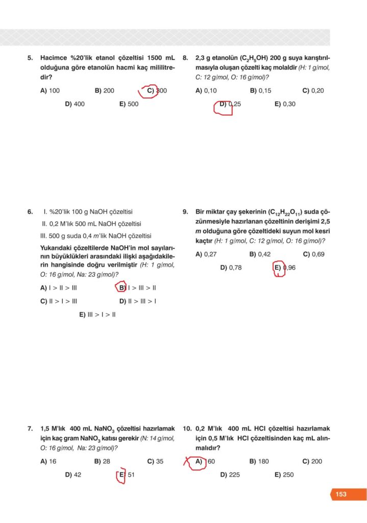 11. sınıf kimya ders kitabı sayfa 153 cevabı e-kare yayınları