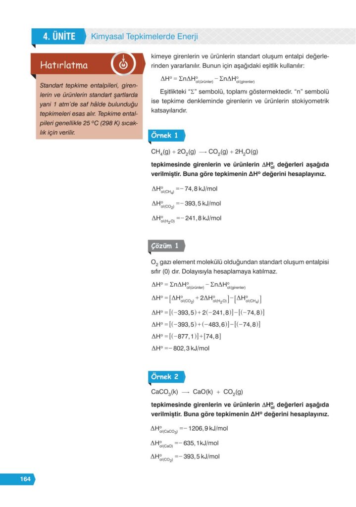 11. sınıf kimya ders kitabı sayfa 164 cevabı e-kare yayınları
