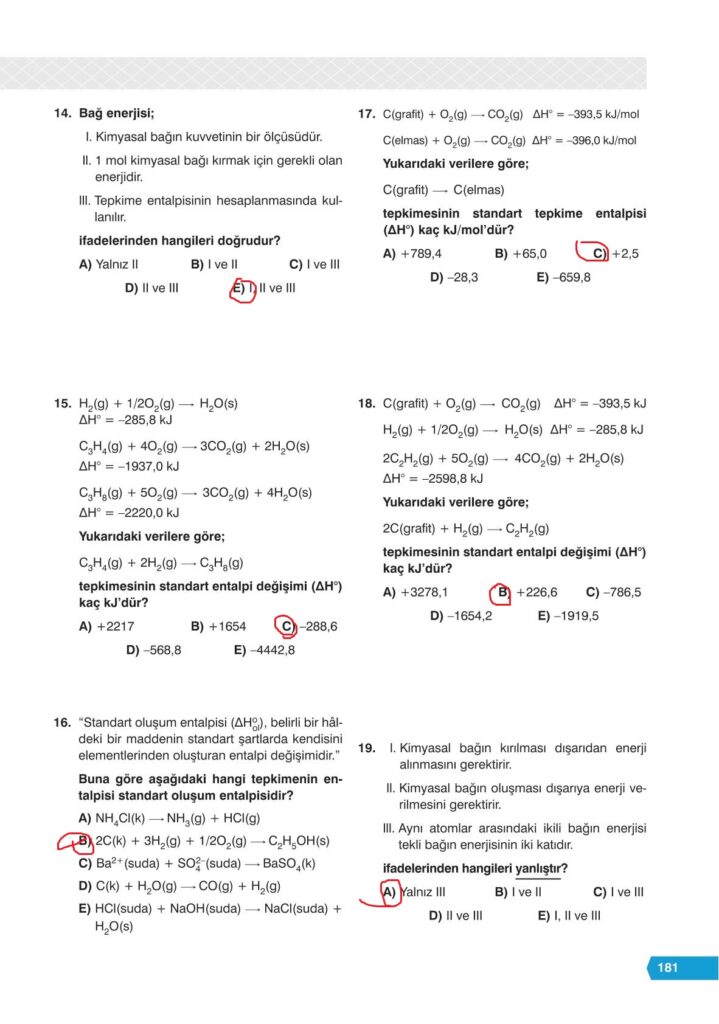 11. sınıf kimya ders kitabı sayfa 181 cevabı e-kare yayınları