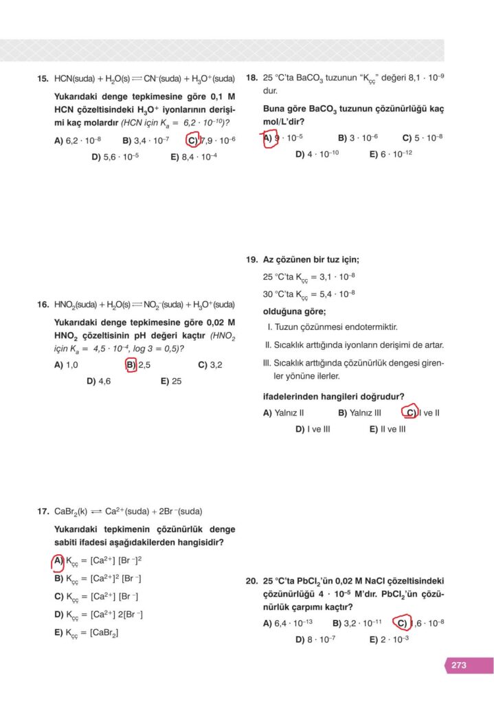 11. sınıf kimya ders kitabı sayfa 273 cevabı e-kare yayınları 