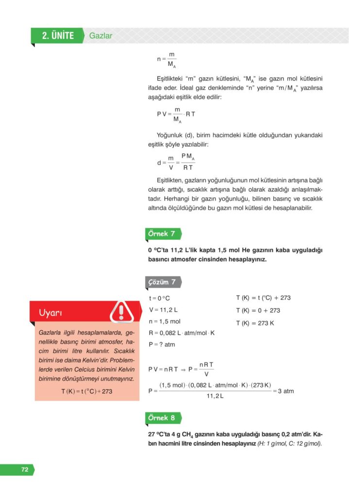  11. sınıf kimya ders kitabı sayfa 72 cevabı e-kare yayınları