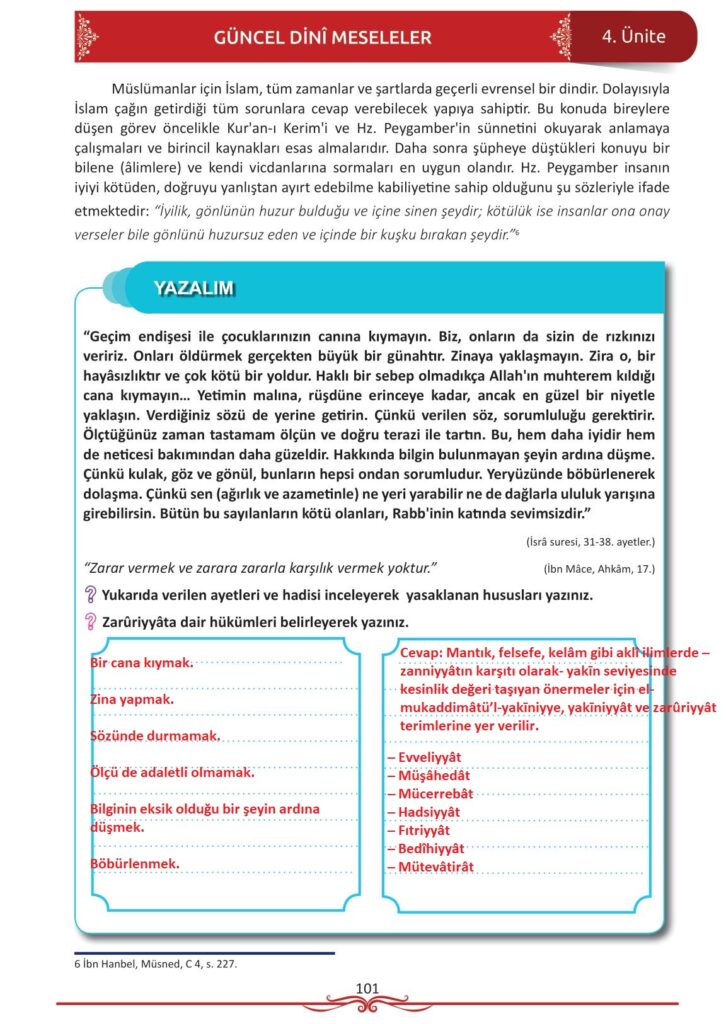 12. sınıf din kültürü ve ahlak bilgisi ders kitabı sayfa 101 cevabı meb yayınları 