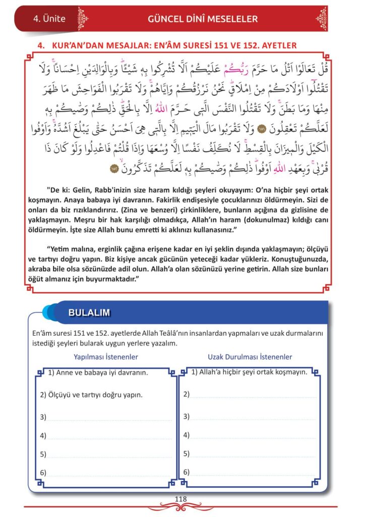 12. sınıf din kültürü ve ahlak bilgisi ders kitabı sayfa 118 cevabı meb yayınları 