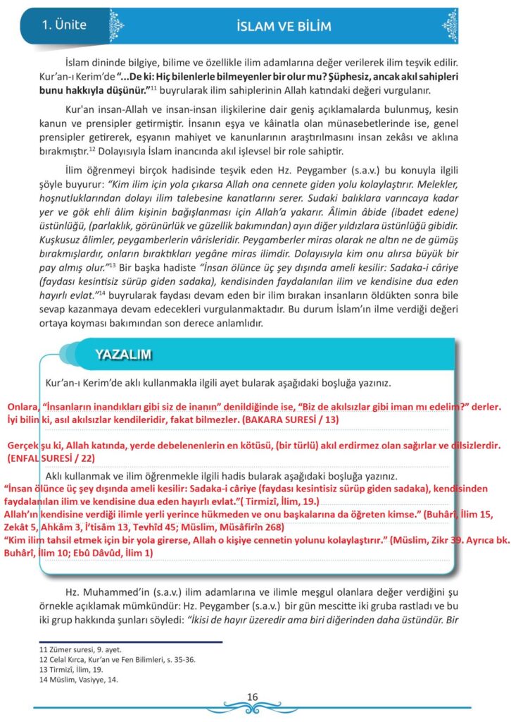 12. sınıf din kültürü ve ahlak bilgisi ders kitabı sayfa 16 cevabı meb yayınları 