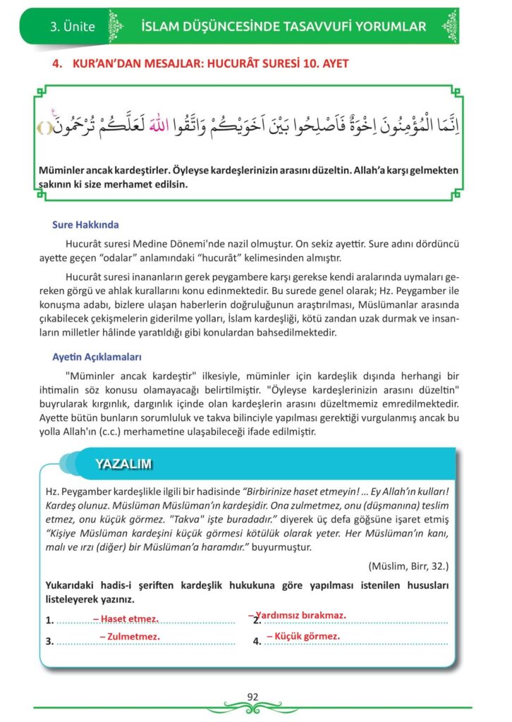 12. sınıf din kültürü ve ahlak bilgisi ders kitabı sayfa 92 cevabı meb yayınları 
