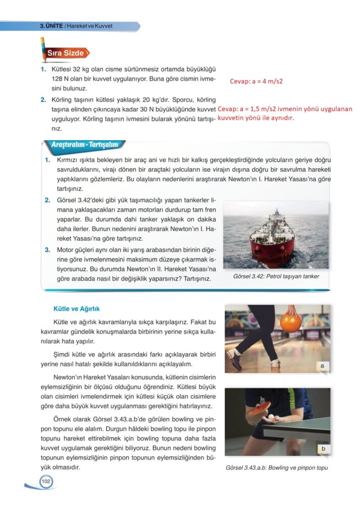 9. sınıf fizik ders kitabı sayfa 102 cevabı ata yayınları