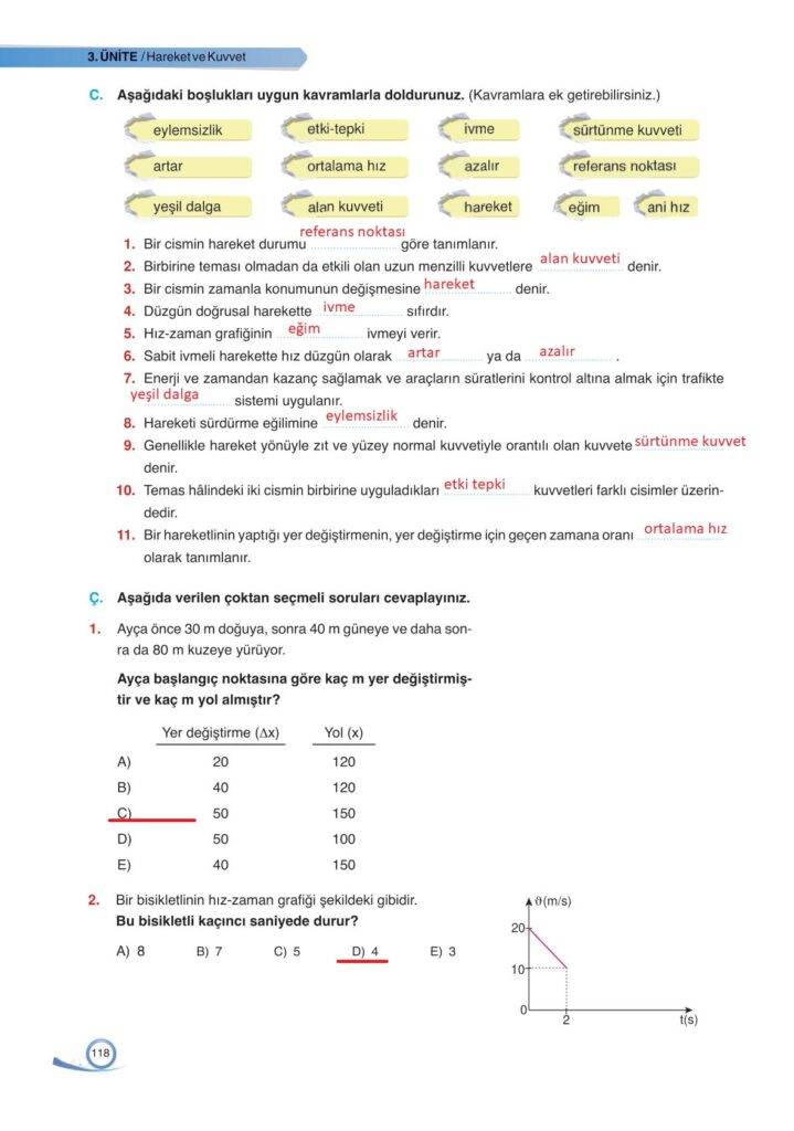 9. sınıf fizik ders kitabı sayfa 118 cevabı ata yayınları