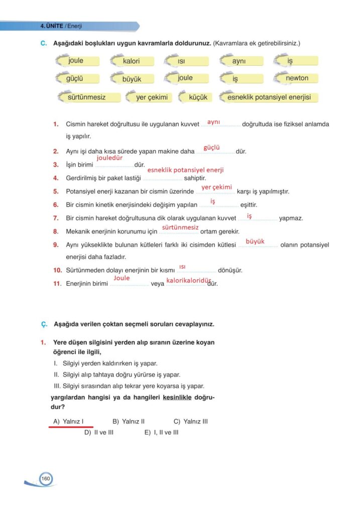 9. sınıf fizik ders kitabı sayfa 160 cevabı ata yayınları