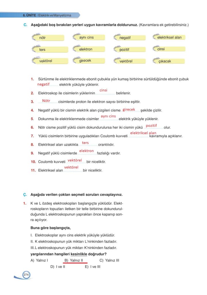 9. sınıf fizik ders kitabı sayfa 274 cevabı ata yayınları
