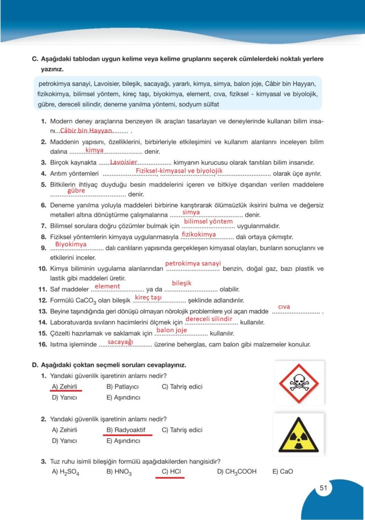 9. sınıf kimya ders kitabı sayfa 51 cevabı pasifik yayınları