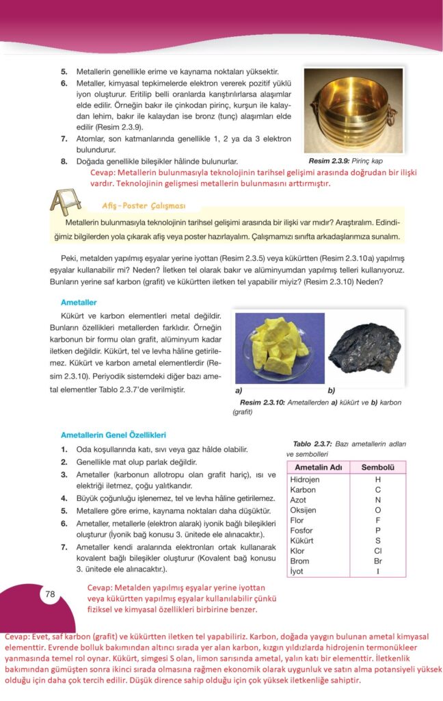 9. sınıf kimya ders kitabı sayfa 78 cevabı pasifik yayınları 
