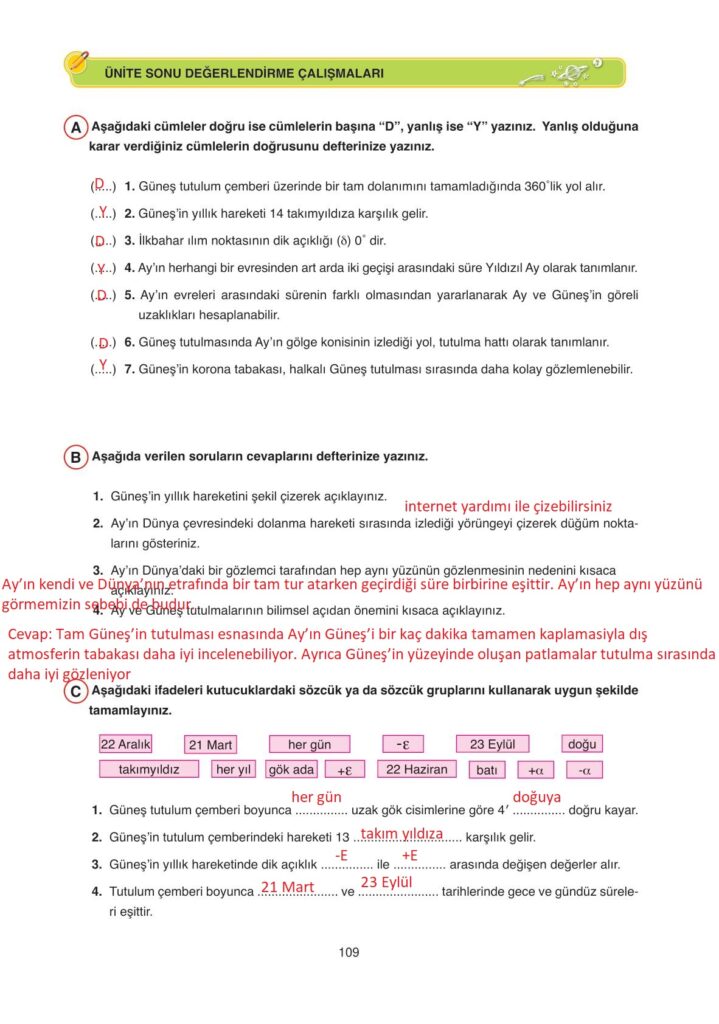 Astronomi ve Uzay Bilimleri Ata Yayınları Sayfa 109 Cevapları