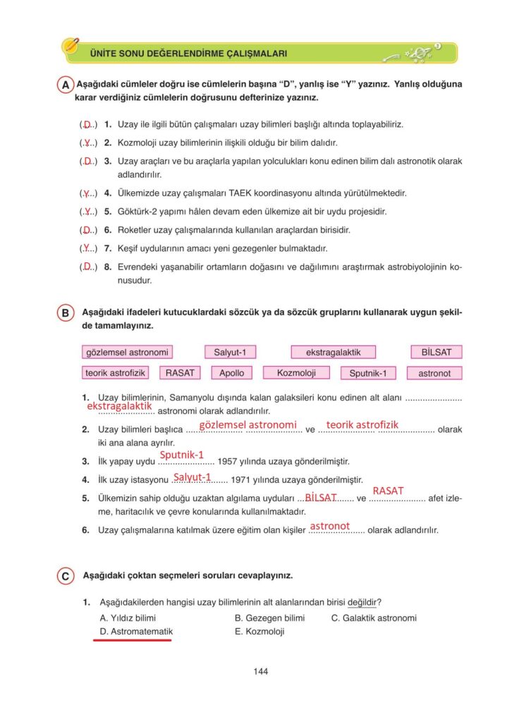 astronomi ve uzay bilimleri ders kitabı sayfa 144 cevabı ata yayınları 