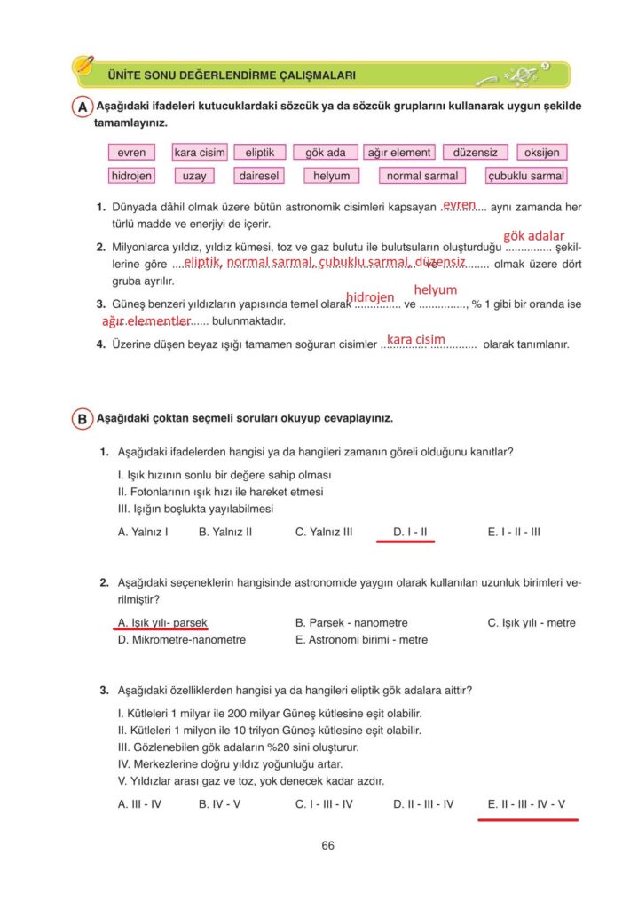 Astronomi ve uzay bilimleri ata yayınları sayfa 66 cevapları