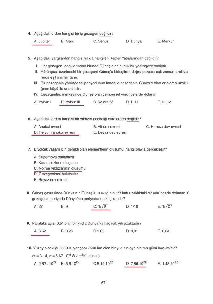 Astronomi ve uzay bilimleri ata yayınları sayfa 67 cevapları