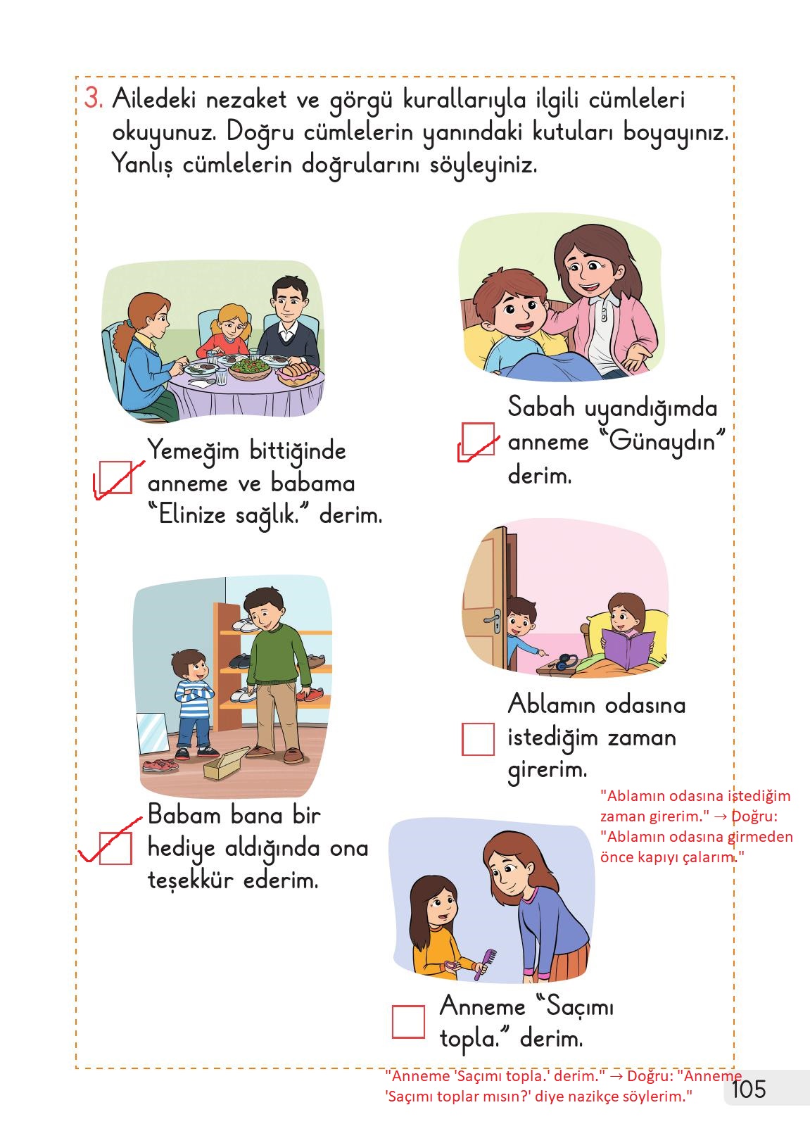 1. Sınıf Meb Yayınları Hayat Bilgisi 1. Kitap Ders Kitabı Sayfa 105 Cevapları