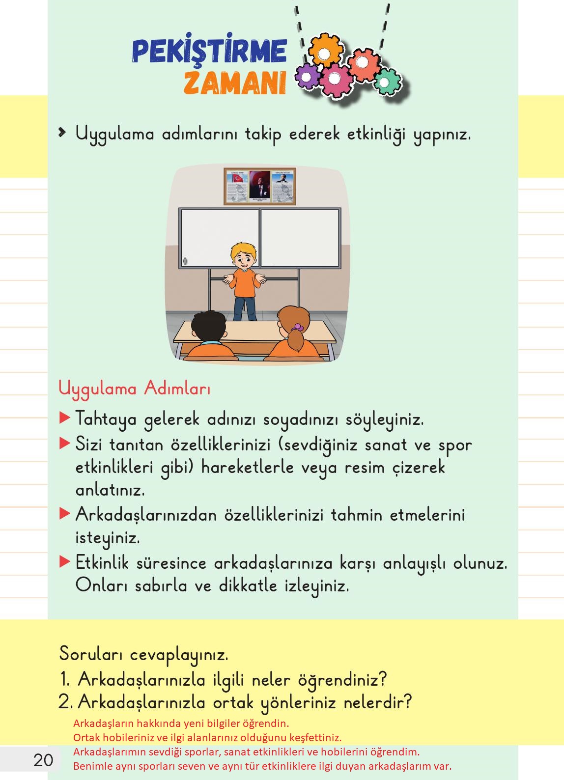 1. Sınıf Meb Yayınları Hayat Bilgisi 1. Kitap Ders Kitabı Sayfa 20 Cevapları