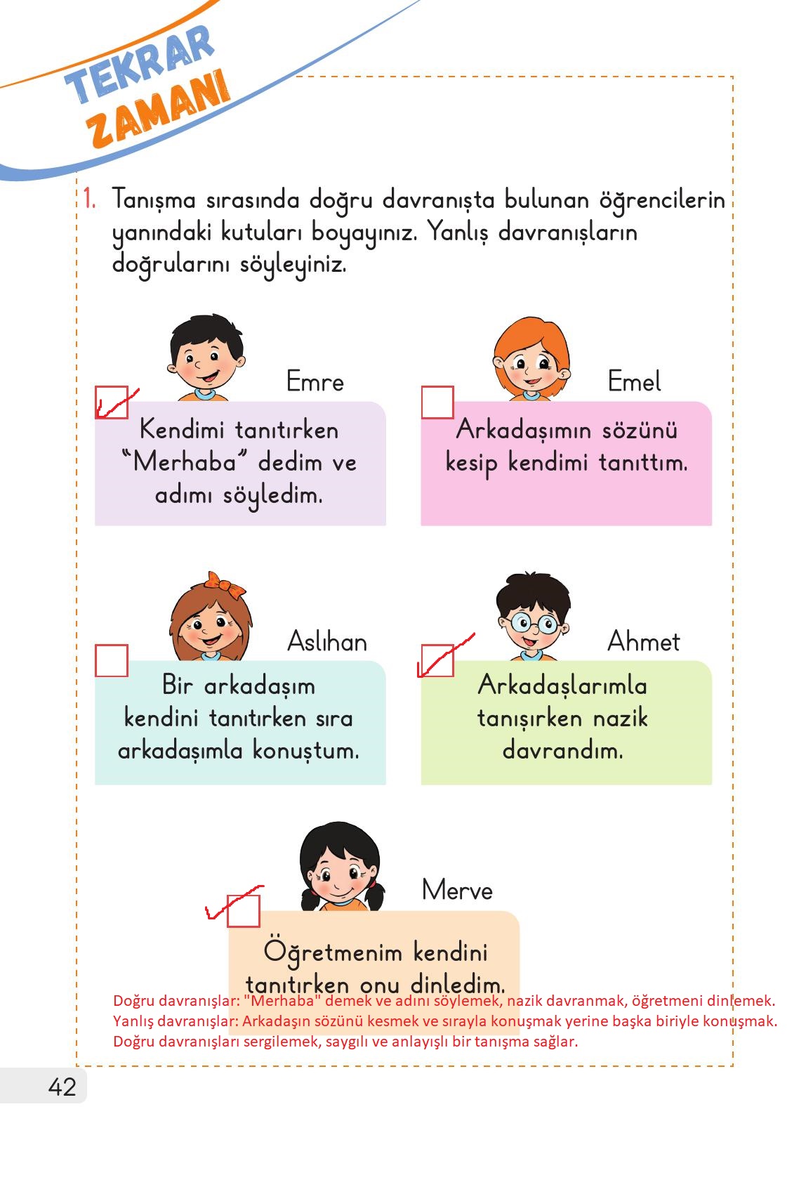 1. Sınıf Meb Yayınları Hayat Bilgisi 1. Kitap Ders Kitabı Sayfa 42 Cevapları