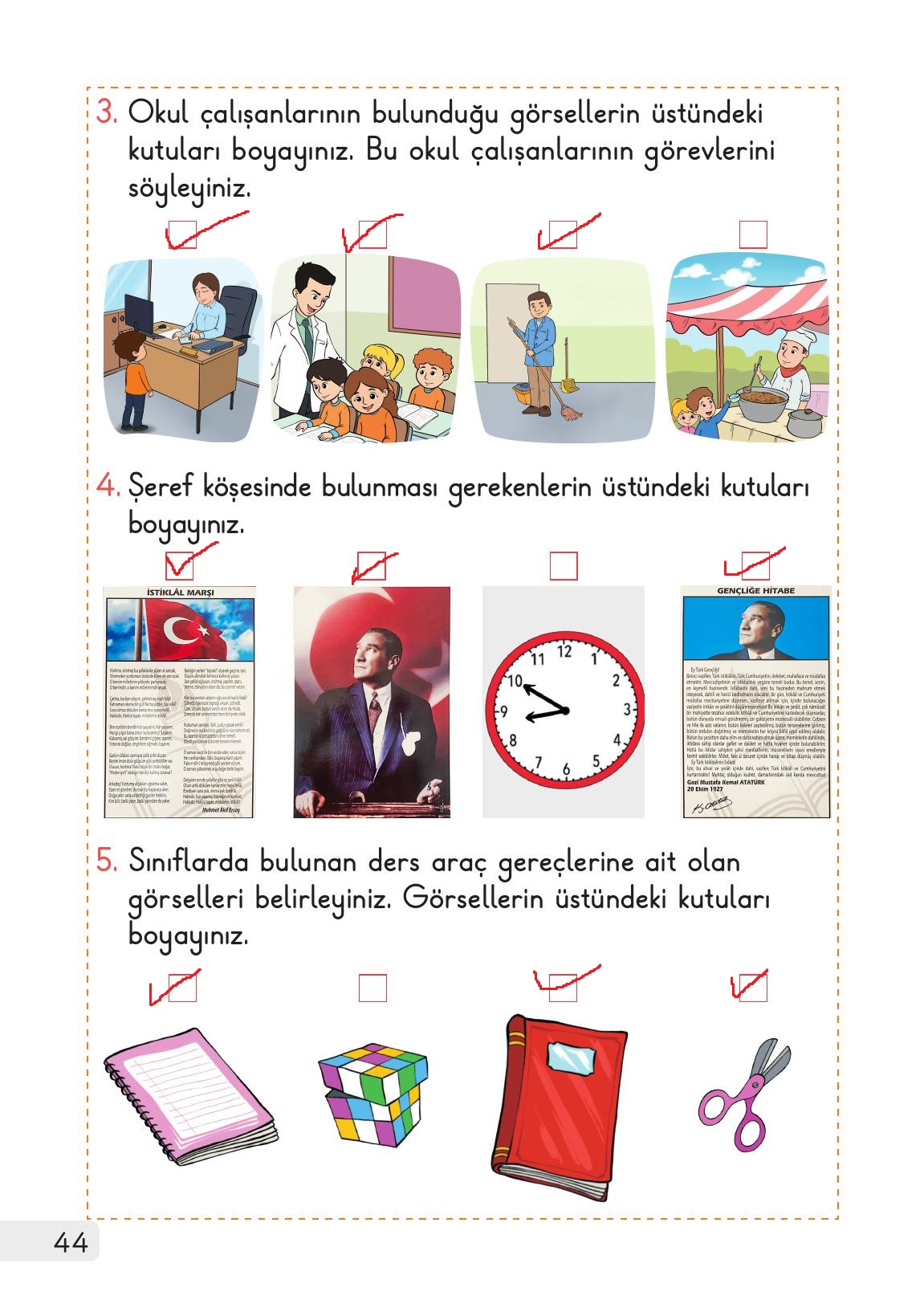 1. Sınıf Meb Yayınları Hayat Bilgisi 1. Kitap Ders Kitabı Sayfa 44 Cevapları