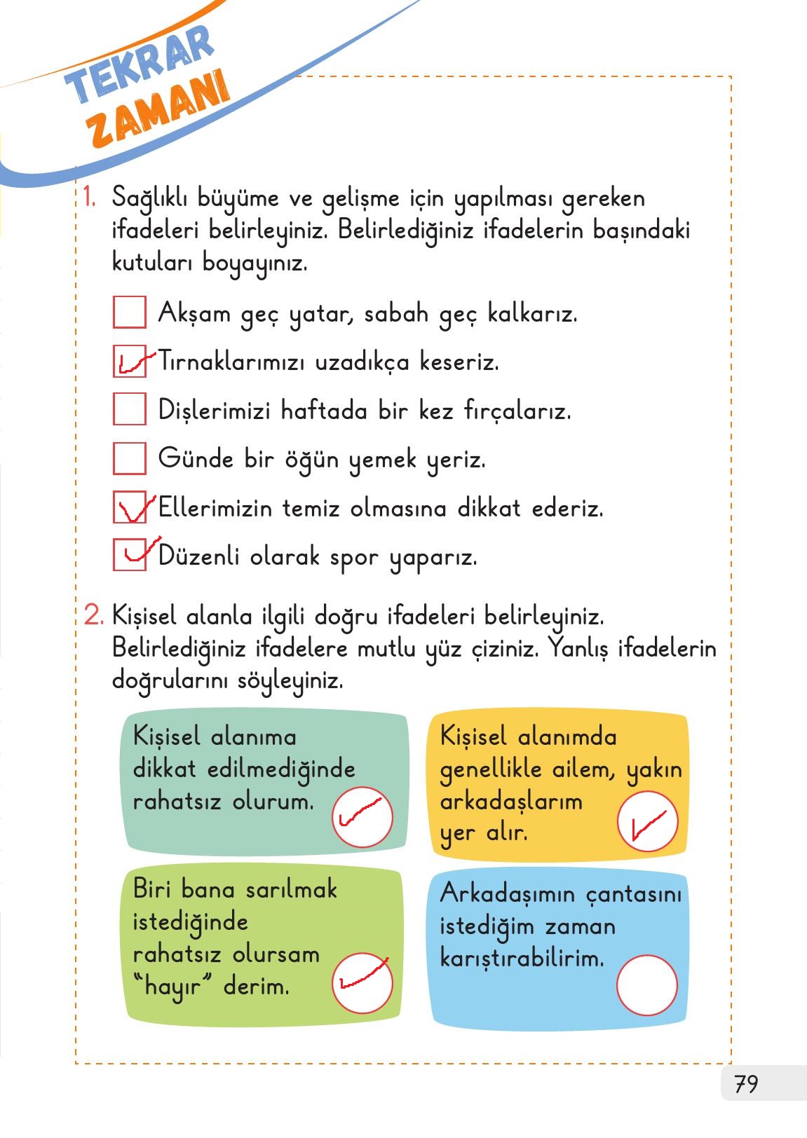 1. Sınıf Meb Yayınları Hayat Bilgisi 1. Kitap Ders Kitabı Sayfa 79 Cevapları