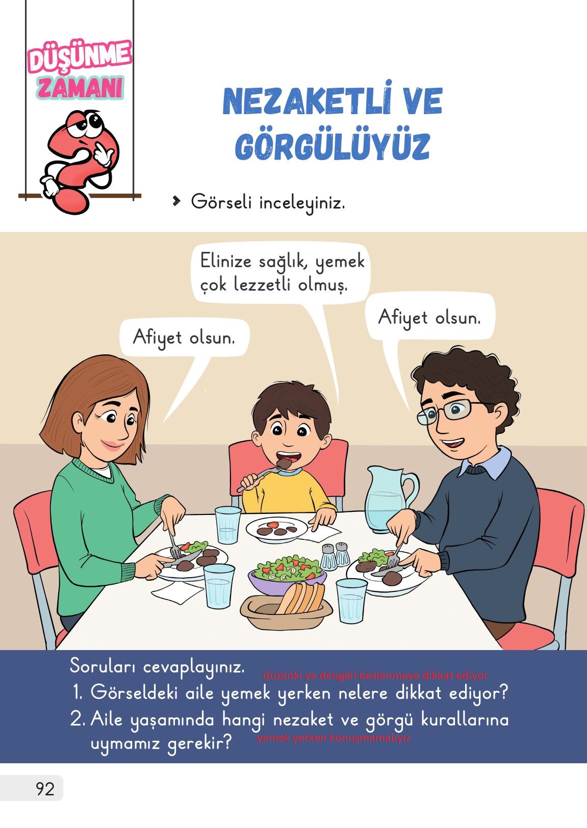 1. Sınıf Meb Yayınları Hayat Bilgisi 1. Kitap Ders Kitabı Sayfa 92 Cevapları