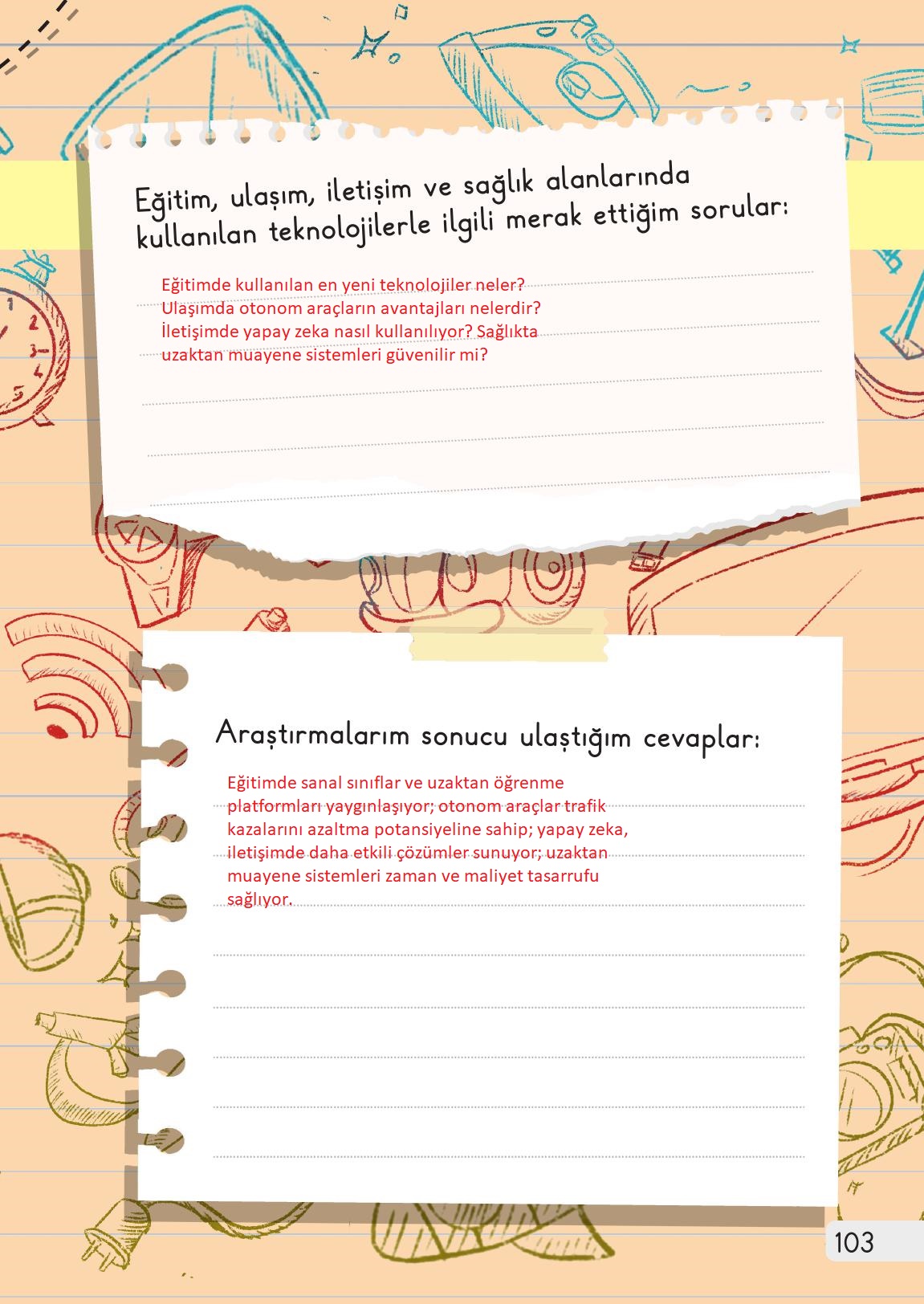 1. Sınıf Meb Yayınları Hayat Bilgisi 2. Kitap Ders Kitabı Sayfa 103 Cevapları