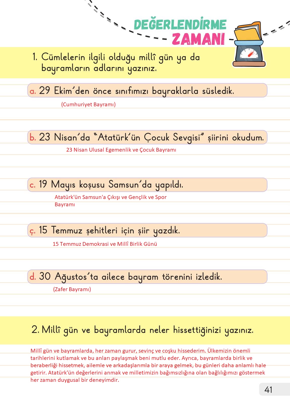 1. Sınıf Meb Yayınları Hayat Bilgisi Ders Kitabı Sayfa 41 Cevapları