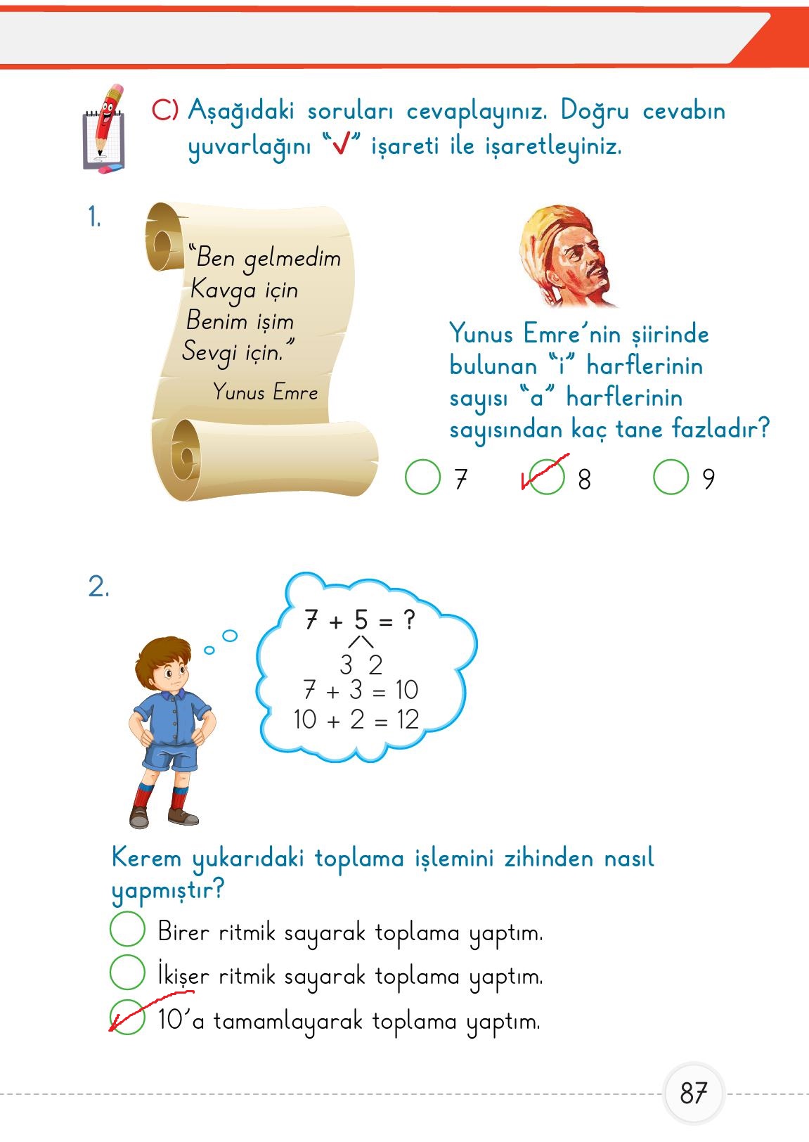 1. Sınıf Meb Yayınları Matematik 2. Kitap Ders Kitabı Sayfa 87 Cevapları