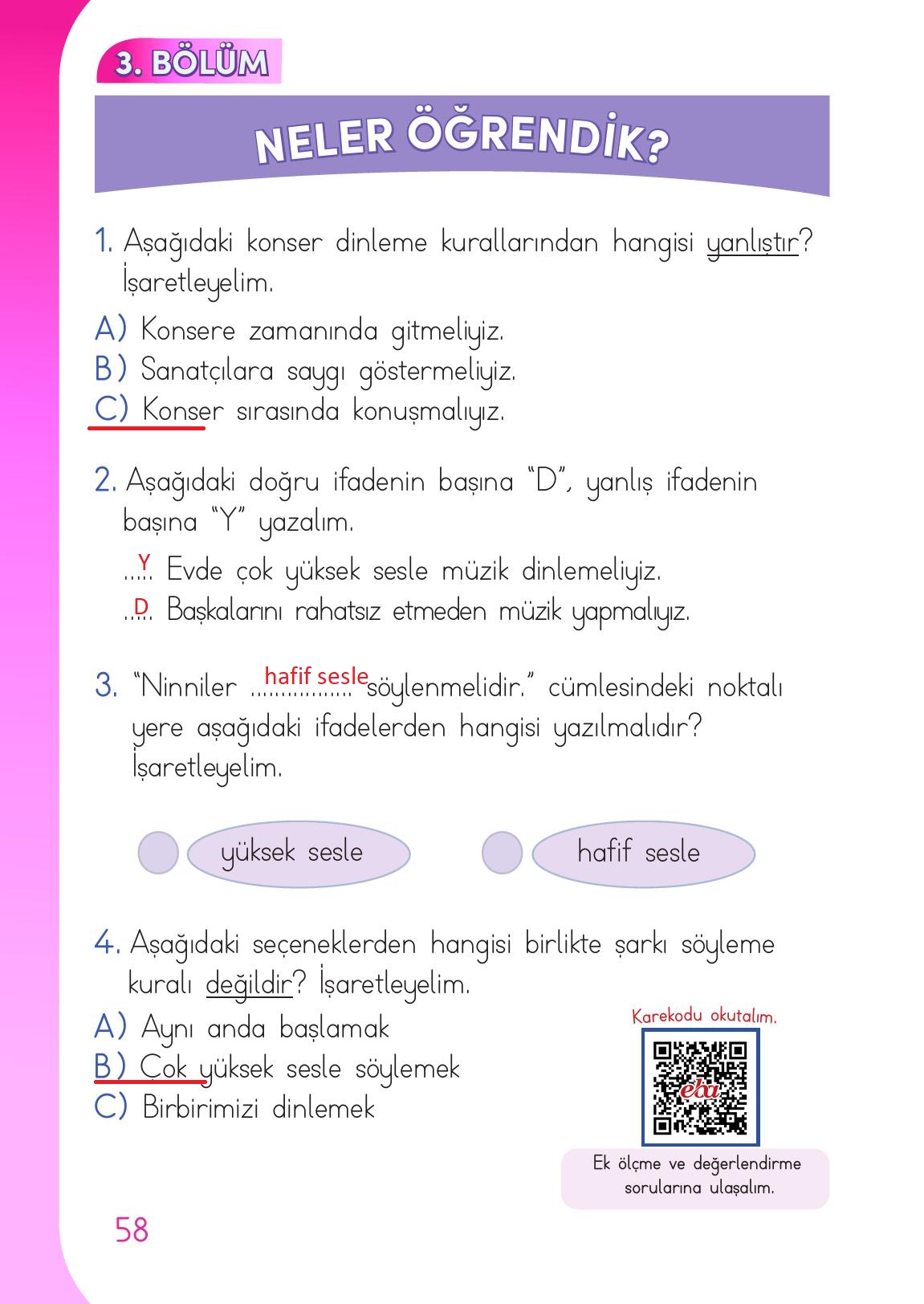 1. Sınıf Meb Yayınları Müzik Ders Kitabı Sayfa 58 Cevapları