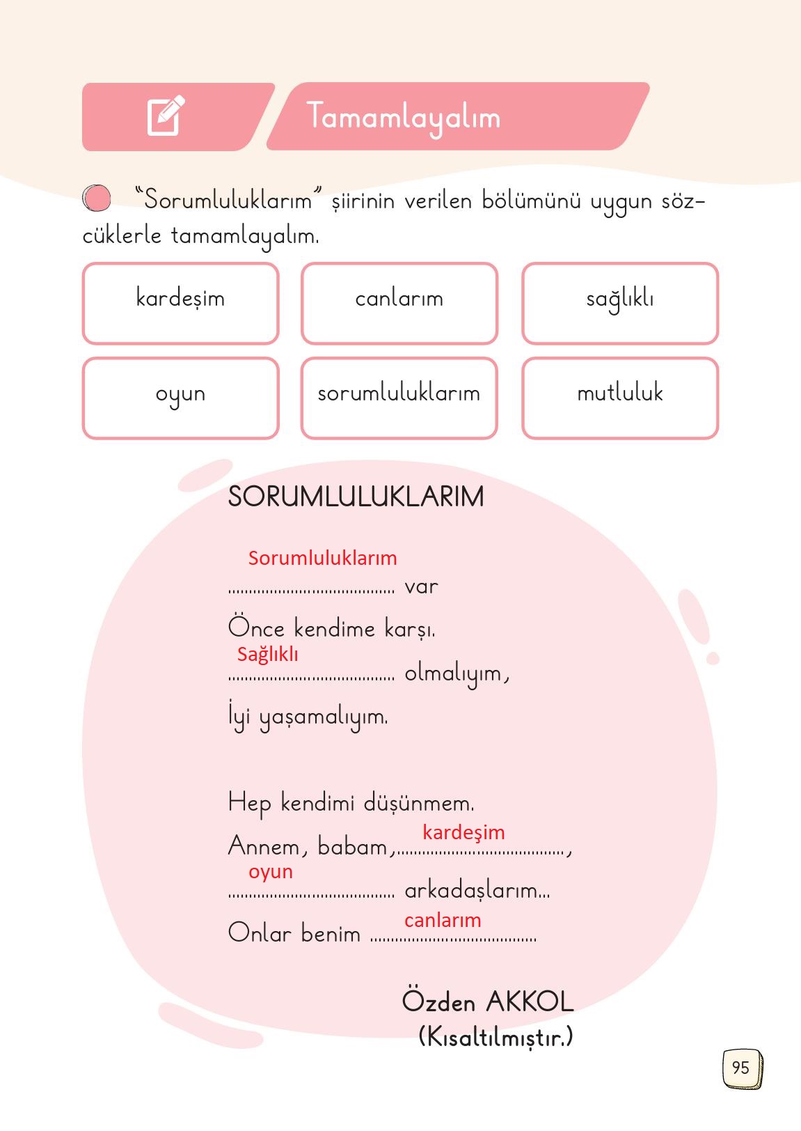 1. Sınıf Meb Yayınları Türkçe 2. Kitap Ders Kitabı Sayfa 95 Cevapları