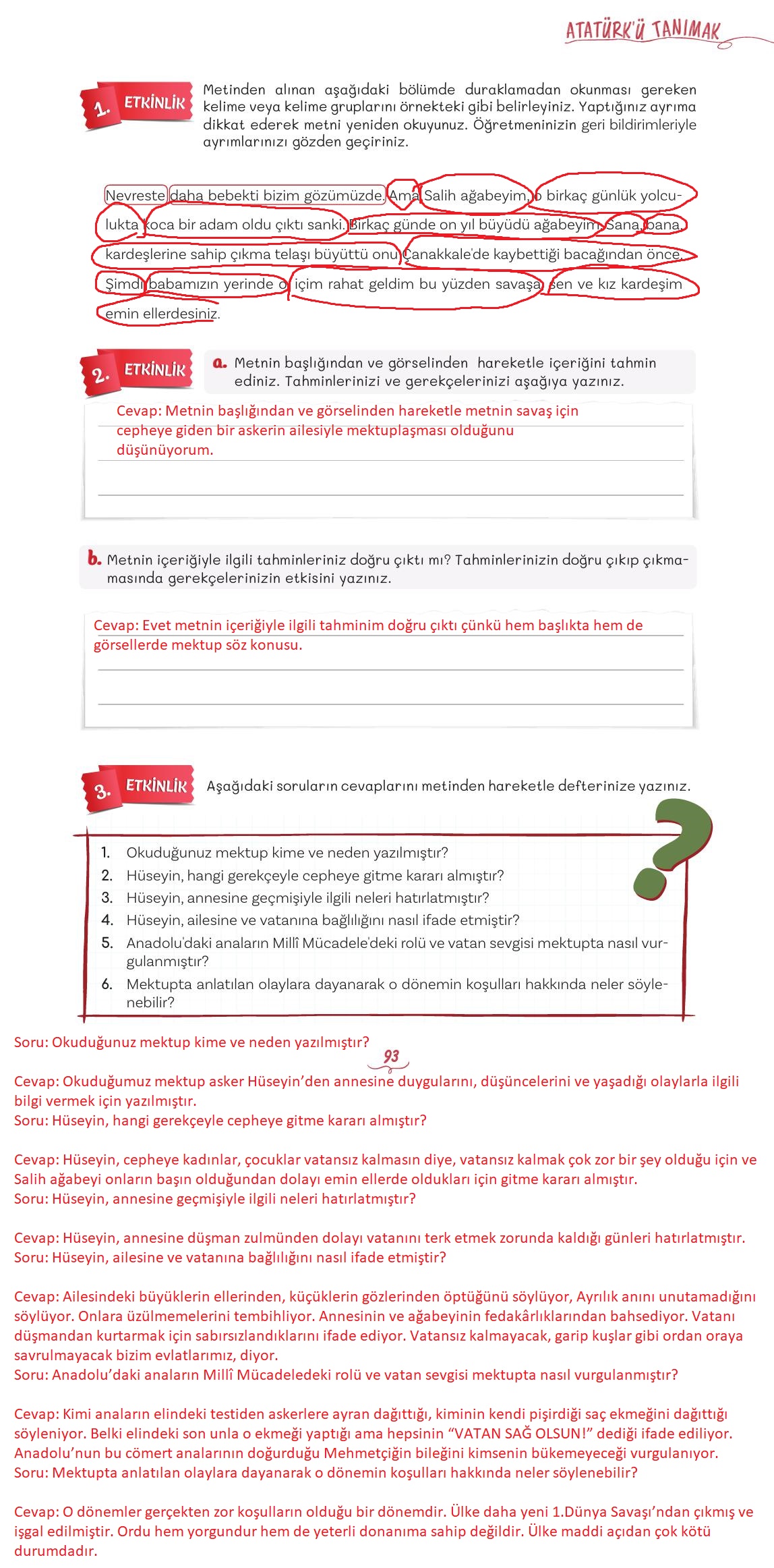 5. Sınıf Meb Yayınları Türkçe Ders Kitabı Sayfa 93 Cevapları