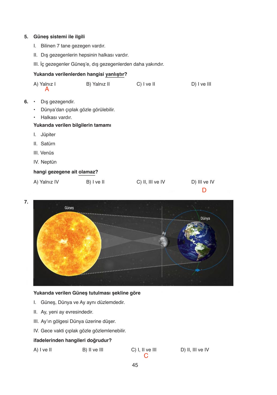 6. Sınıf Gün Yayıncılık Fen Bilimleri Ders Kitabı Sayfa 45 Cevapları