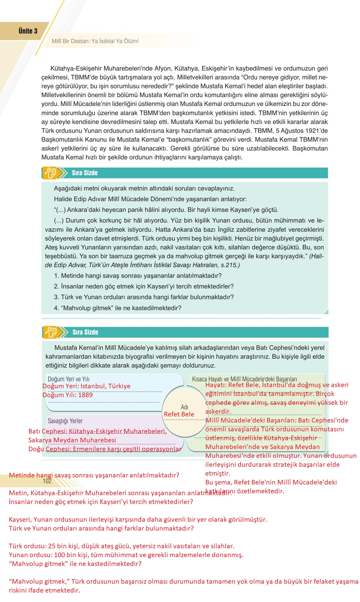 8. Sınıf Semih Ofset SEK Yayınları İnkılap Tarihi Ders Kitabı Sayfa 102 Cevapları
