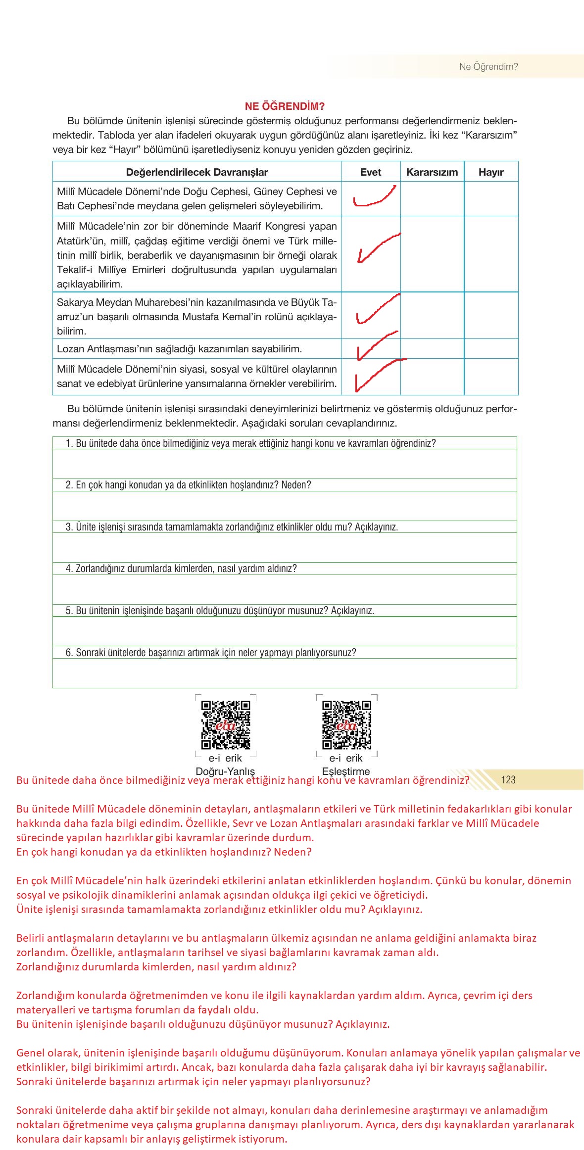 8. Sınıf Semih Ofset SEK Yayınları İnkılap Tarihi Ders Kitabı Sayfa 123 Cevapları