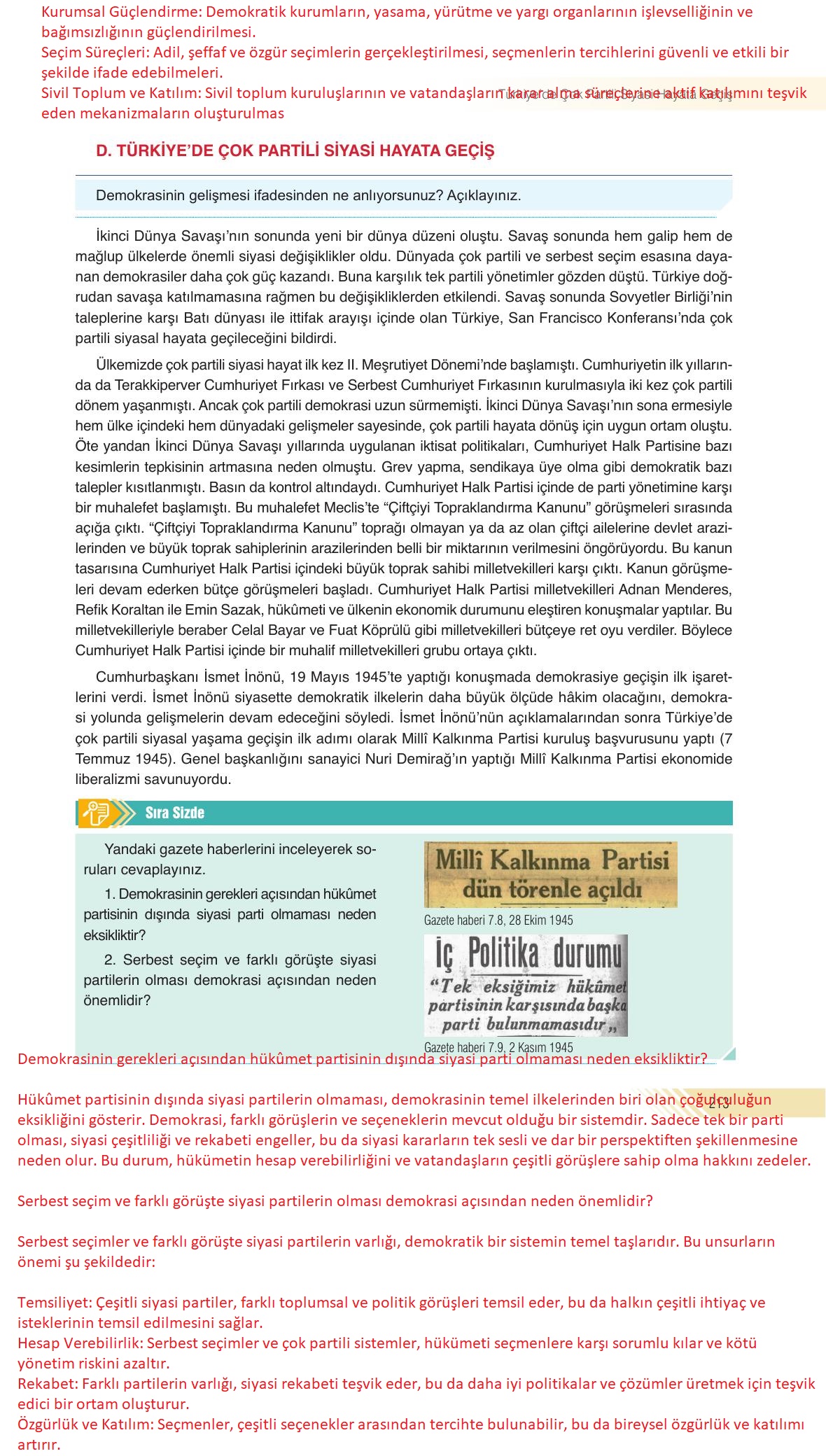 8. Sınıf Semih Ofset SEK Yayınları İnkılap Tarihi Ders Kitabı Sayfa 213 Cevapları